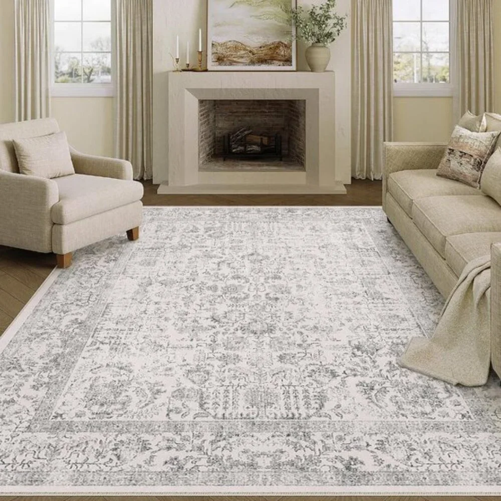 New 5x7 Gray Vintage Rug, Washable Non-Slip Floral Carpet for Home & Room Decor